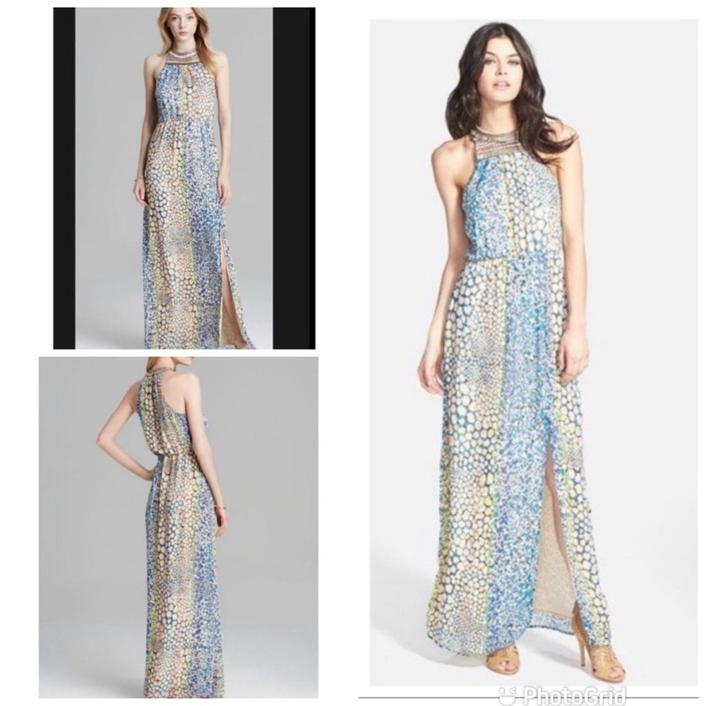 Charlie Jade Beaded Halter Neck Blue Green Colorful Party Maxi Dress, size M - Picture 10 of 16